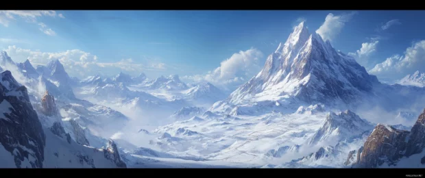 Wallpaper 3440x1440 ultra wide featuring a panoramic view of snowy mountain peaks under a clear blue sky.