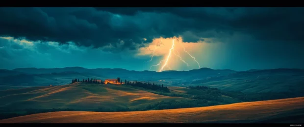 Wallpaper 3440x1440 ultra wide of a dramatic thunderstorm over rolling hills with striking lightning bolts.