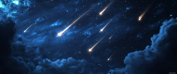 Wallpaper 3440x1440 ultra wide of a mesmerizing night sky full of shooting stars and cosmic clouds.