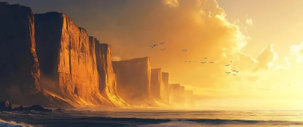 Wallpaper 3440x1440 ultra wide showcasing majestic cliffs rising from an endless ocean under a golden sky.
