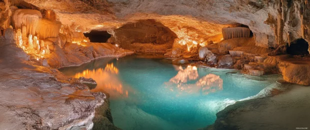 Wallpaper 3440x1440 ultra wide with an enchanting cave illuminated by glowing crystals and underground pools.