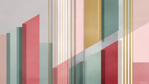 Wallpaper featuring vertical and diagonal Modern Geometric lines in contrast against pastel blocks.