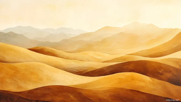 Warm Earth tone composition featuring layered hills and sunlight glow.