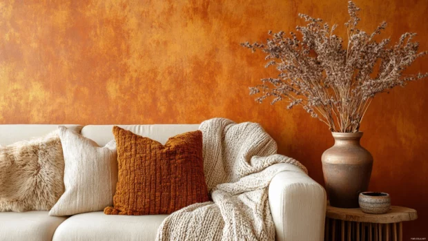 Warm earth tone wallpaper blending golden ochre, burnt orange, and cozy textures across the scene.