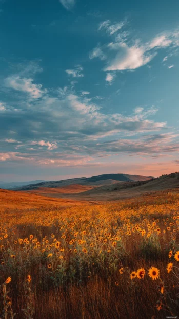 Warm fall vibes background with golden sunflower field at twilight under pastel sky.