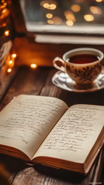 Warm glow surrounding an aesthetic book, teacup and handwritten letter.