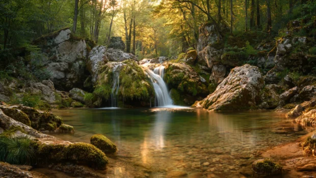 Waterfall 4k wallpapers with silky water flow over mossy stones under warm golden hour light.