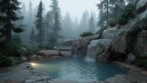 Waterfall HD backgrounds 4k featuring tranquil stone pool with gentle falls set in misty pine forest at dusk.