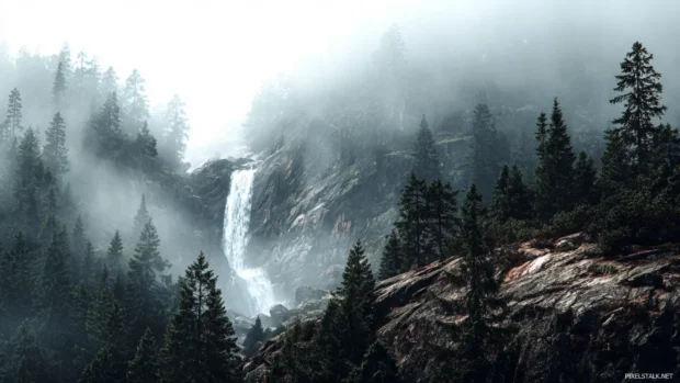 Waterfall HD backgrounds portraying a secluded mountain waterfall hidden within misty pine forest.