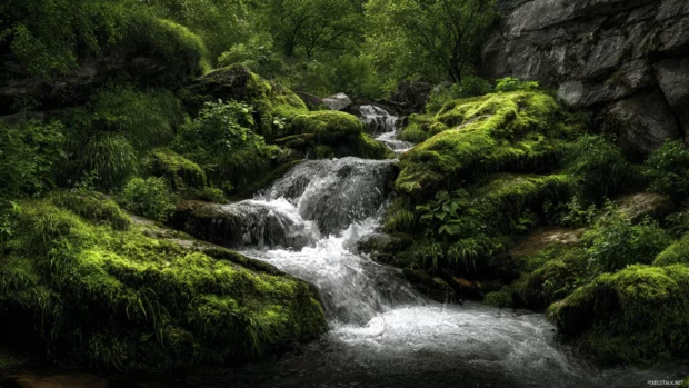 Waterfall backgrounds with crystalline water flowing over mossy rocks framed by lush green foliage.