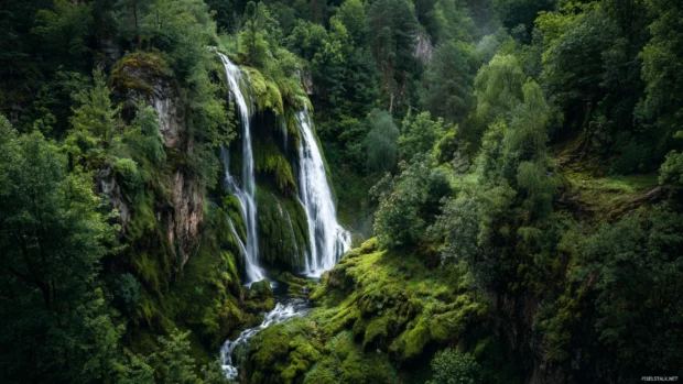 Waterfall cascading down mossy cliffs surrounded by dense green forest.