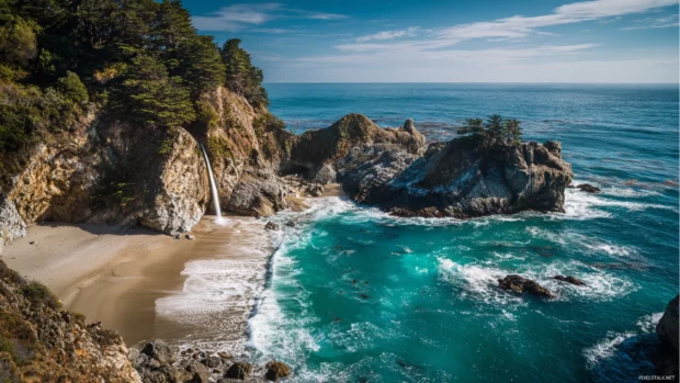 Waterfall cascading into the ocean from dramatic seaside cliffs under a clear sky.