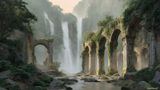 Waterfall cascading over ancient ruins covered in vines and moss under a soft morning haze.
