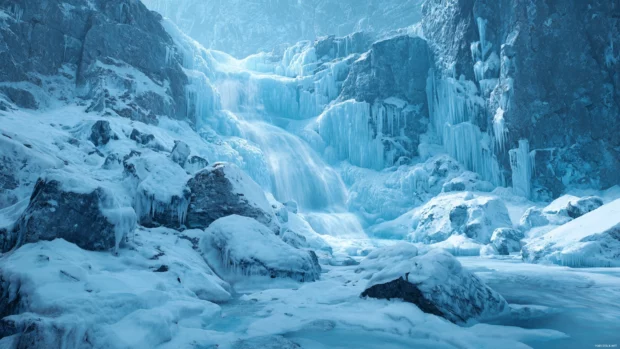 Waterfall cascading over glowing ice formations in a frosty mountain landscape with cold blue tones in 4K.