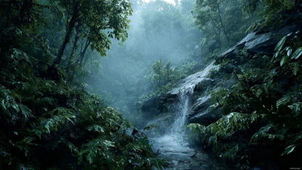 Waterfall cascading through dense rainforest captured in stunning 4K detail with morning mist surrounding the scene.