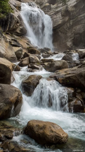 Waterfall descending in powerful streams, with smooth boulders and delicate white foam.