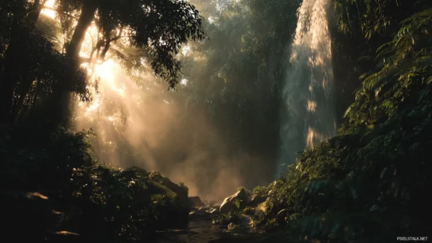 Waterfall desktop wallpaper capturing delicate mist rising from a hidden jungle fall at sunrise with golden light.