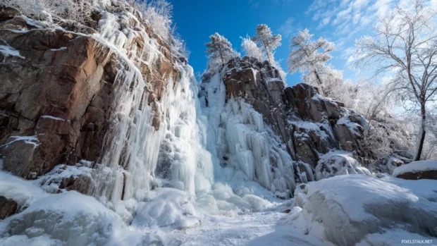 Waterfall emerging from icy cliffs with sparkling frost and a crisp blue sky above.