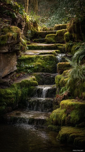 Waterfall flowing gently through layers of mossy terraces in a quiet woodland scene.