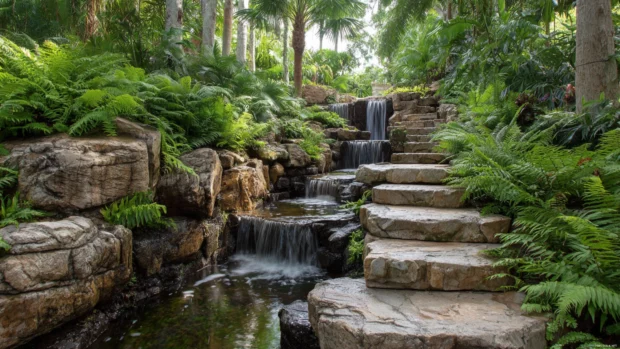 Waterfall flowing into a series of natural stone terraces surrounded by ferns and tropical greenery.