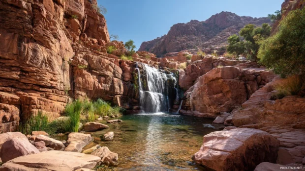 Waterfall flowing smoothly over red sandstone cliffs in a remote desert oasis.