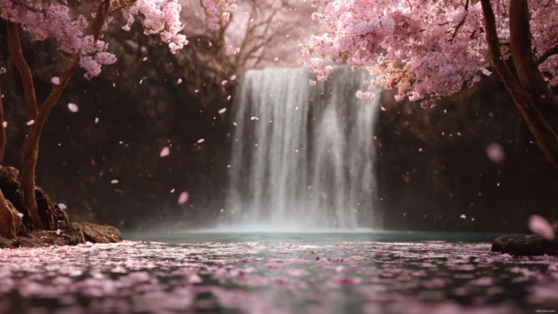 Waterfall framed by delicate cherry blossom trees with soft pink petals floating in 4K sharpness.