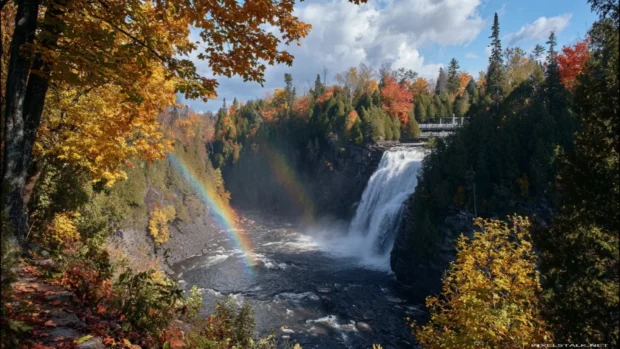 Waterfall framed by vibrant autumn foliage as a clear rainbow stretches across the scene (2).