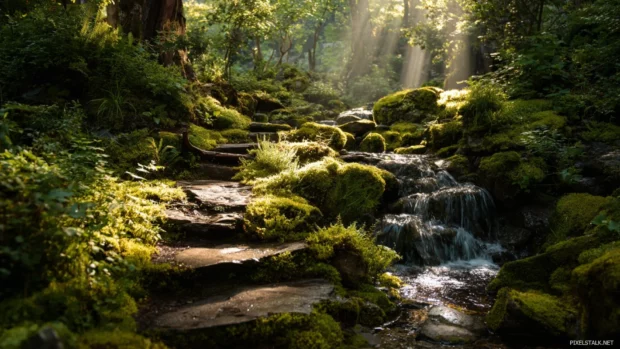 Waterfall gently flowing through a moss covered forest path with beams of sunlight.