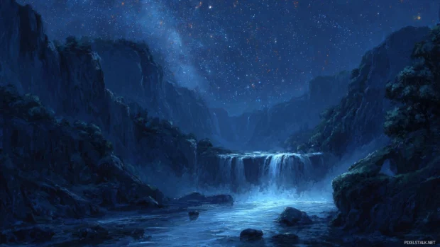 Waterfall glistening under the moonlight with a star filled night sky in the background.