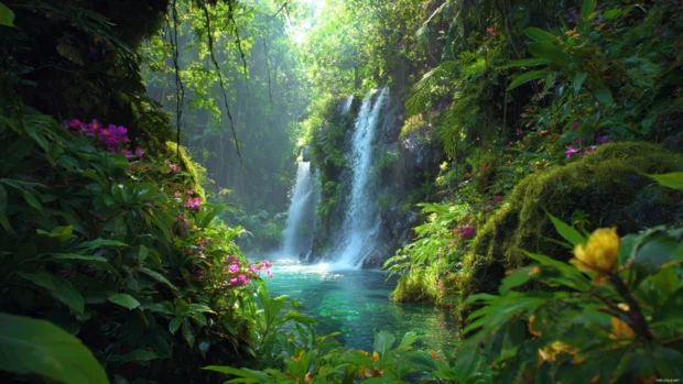 Waterfall hidden deep in the jungle with lush green vines and colorful tropical flowers in brilliant 4K.