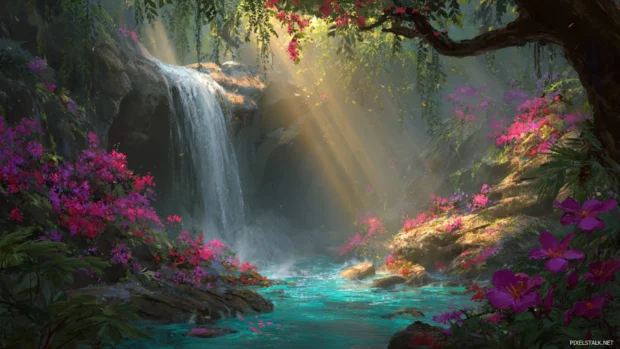 Waterfall hidden deep within an enchanted jungle filled with vibrant flowers.