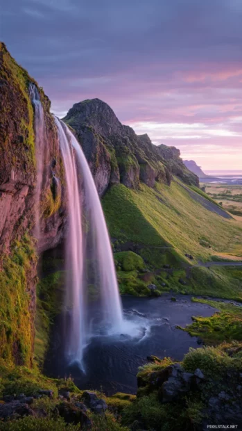 Waterfall iPhone 16 wallpaper with slender cascade pouring over mossy cliff set against pastel sunset sky.