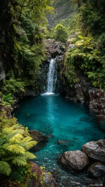 Waterfall iPhone backgrounds featuring vivid turquoise pool beneath wide waterfall framed by ferns and moss.