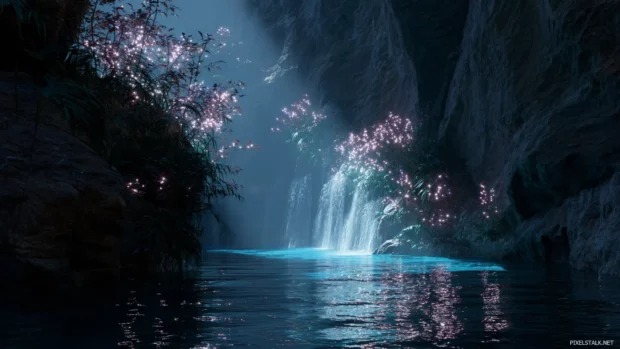 Waterfall in a mystical canyon with glowing plants and shimmering water.