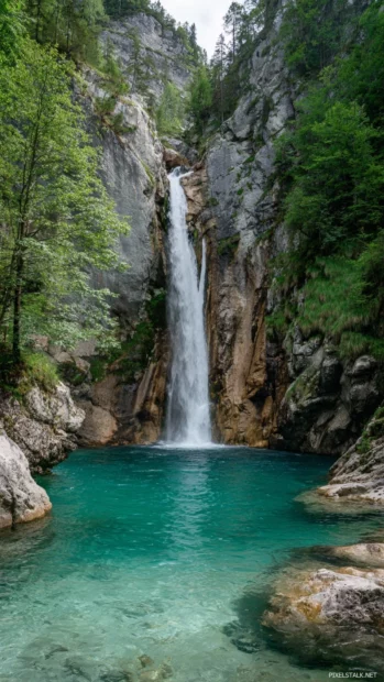 Waterfall plunging from a towering cliff into a serene turquoise pool surrounded by lush green foliage.