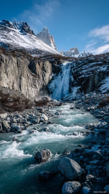 Waterfall plunging from icy cliffs into a river of clear blue water, with snowy mountains in the background.