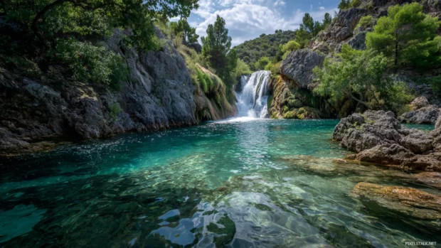 Waterfall plunging into a clear blue lagoon with soft ripples and surrounding greenery.