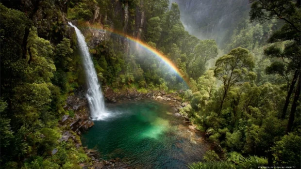 Waterfall rainbow wallpaper capturing a soft pastel rainbow arching over a misty cascade plunging into an emerald pool at dawn (2).