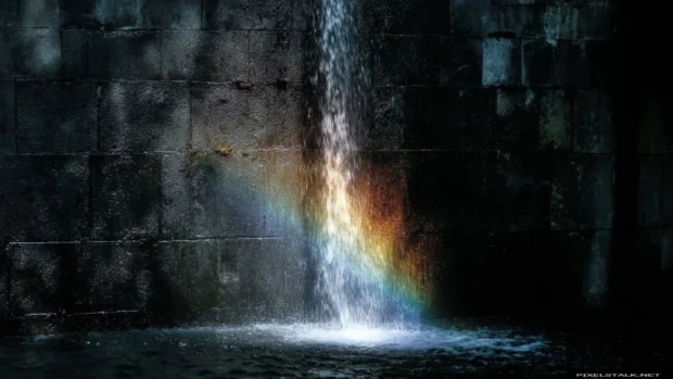 Waterfall rainbow wallpaper with slender waterfall and delicate rainbow shimmering against dark stone wall (2).