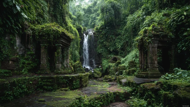 Waterfall running through ancient jungle ruins covered in vines and moss.