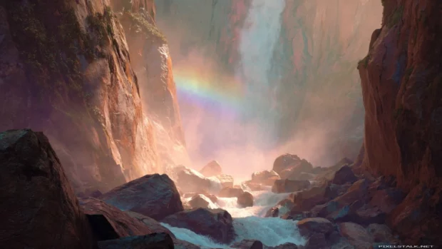 Waterfall rushing through a narrow canyon with a rainbow glowing softly in the mist filled air (2).