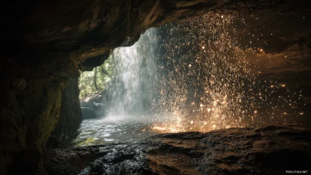 Waterfall seen from behind through a natural cave opening with sparkling light effects.
