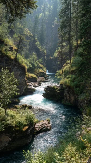 Waterfall splitting into several sparkling streams as it weaves through a canyon filled with greenery.