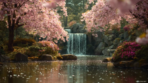 Waterfall surrounded by cherry blossom trees in full bloom, petals drifting on the water.