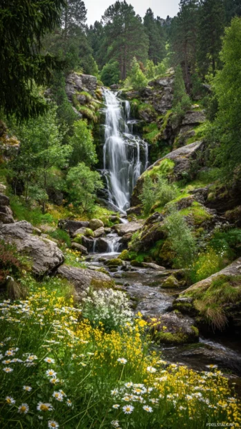 Waterfall tumbling over mossy stones, framed by blooming wildflowers and dense pine forests.