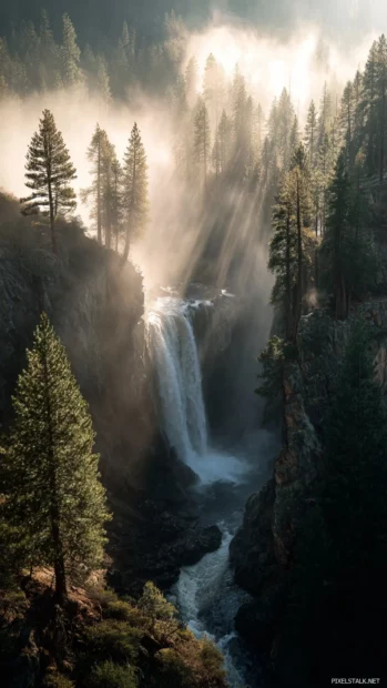 Waterfall wallpaper for iPhone showing a narrow cascade veiled in morning mist with sunbeams through pine trees.
