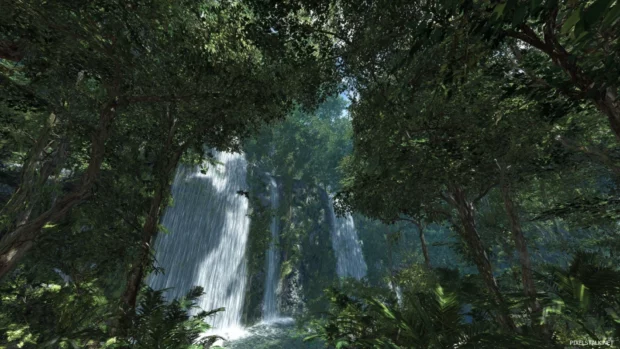 Waterfall wallpaper translated to desktop format with narrow falls dropping through tropical jungle canopy.