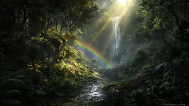Waterfall weaving through dense jungle as a brilliant rainbow sparkles under the afternoon sun (2).
