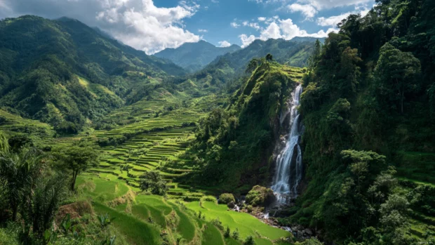Waterfall weaving through layers of vibrant green rice terraces under a bright summer sky.