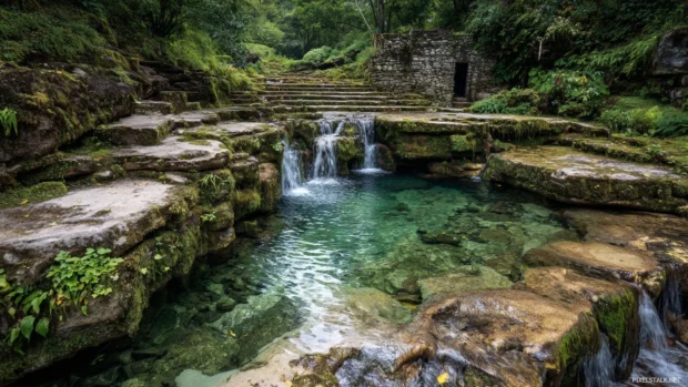 Waterfall with crystal clear streams flowing into terraced pools covered with green moss.